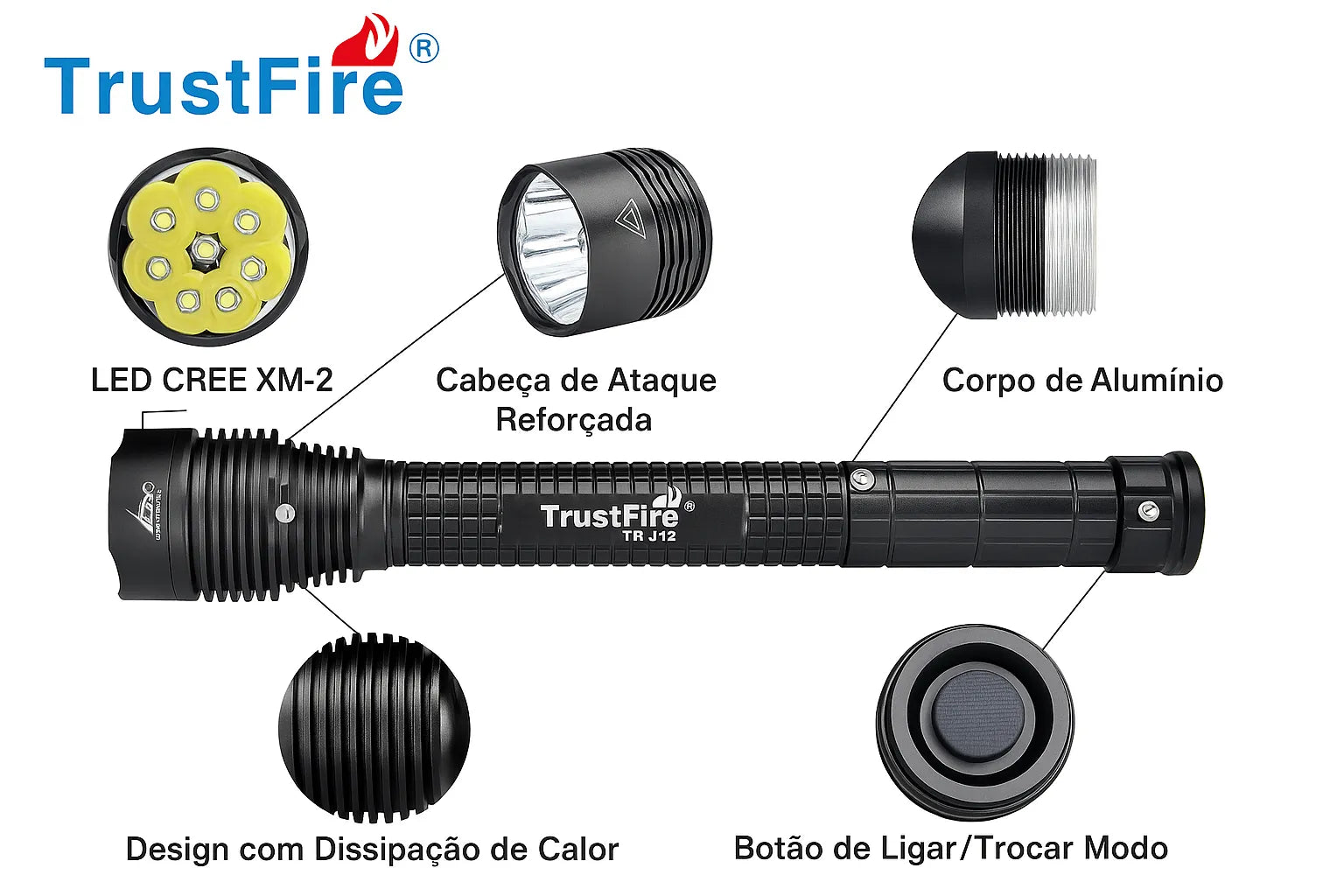 Lanterna TrustFire TR-J18 – 8000 Lúmens Tática Recarregável