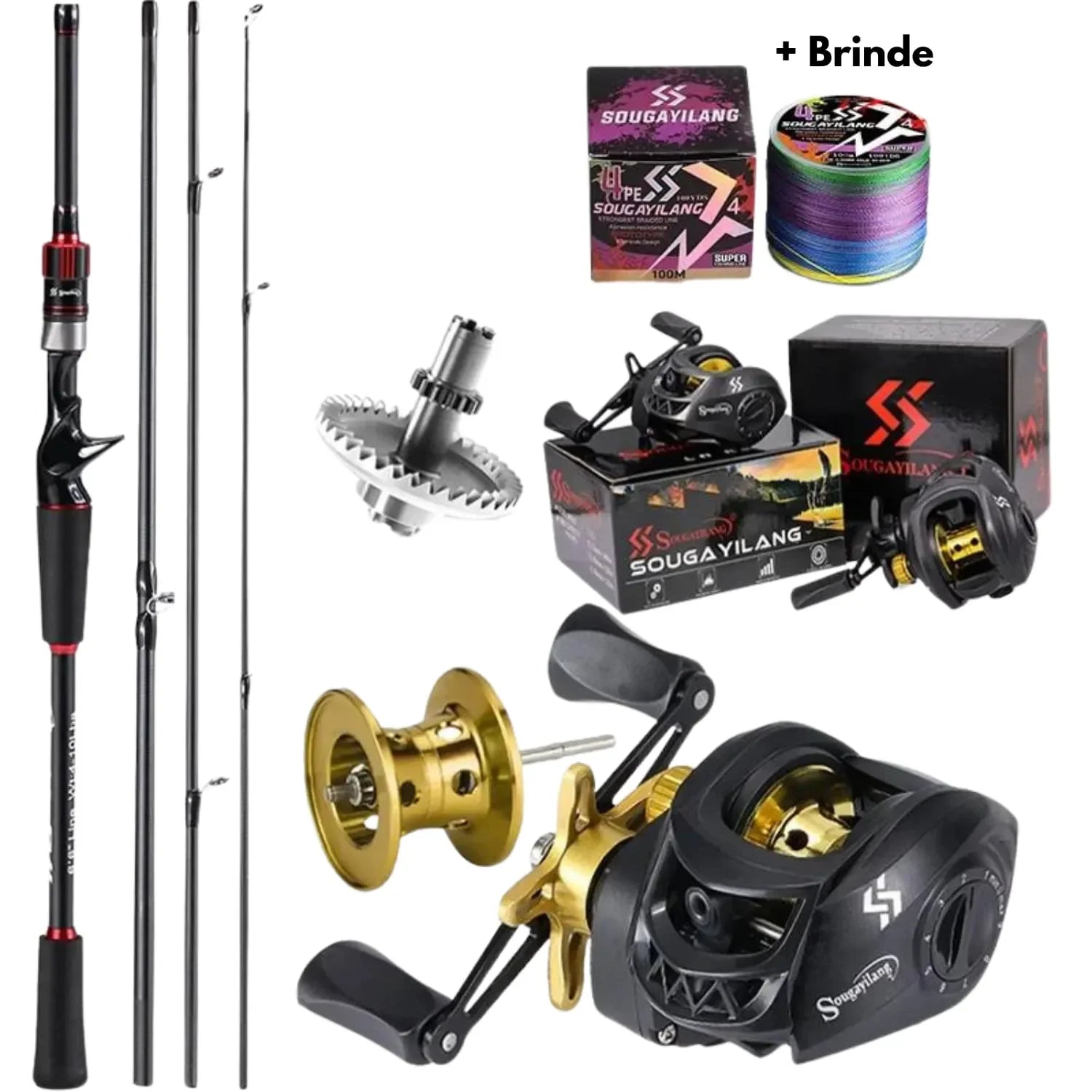 Conjunto Carbon - Carretilha com 10KG de DRAG - Vara 10/25 LBS + Linha Multifilamento - Nativo Camping